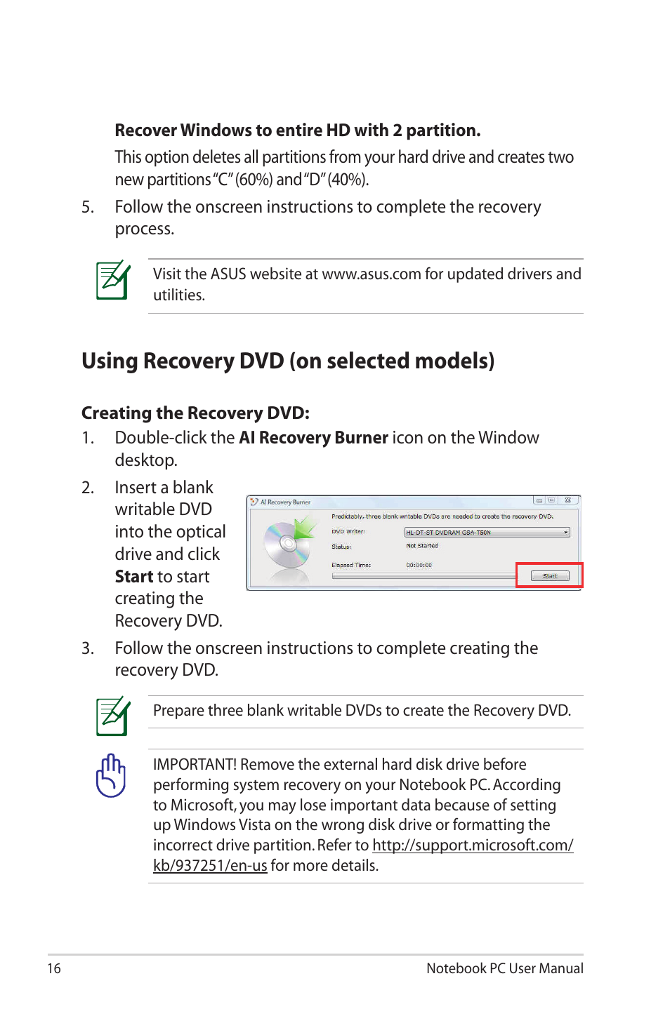 Using recovery dvd (on selected models) | Asus U81A User Manual | Page 16 / 28