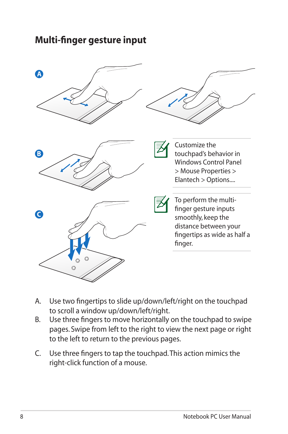 Multi-finger input, Multi-finger gesture input | Asus U81A User Manual | Page 8 / 28