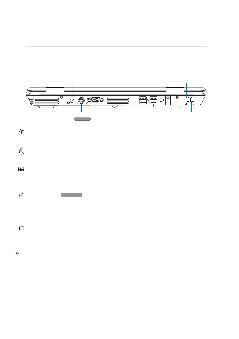 Rear side, Knowing the parts, Usb port (2.0/1.1) | Power (dc) input, Display (monitor) output, Air vents, Tv-out port | Asus Z71V User Manual | Page 22 / 74