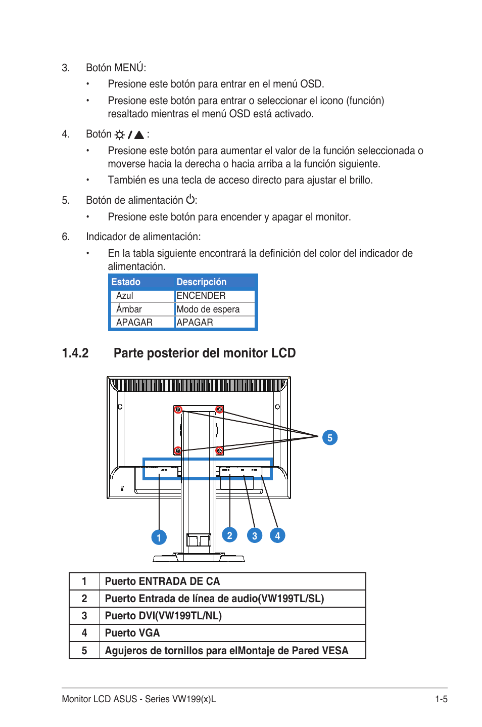 2 parte posterior del monitor lcd | Asus VW199TL User Manual | Page 11 / 20