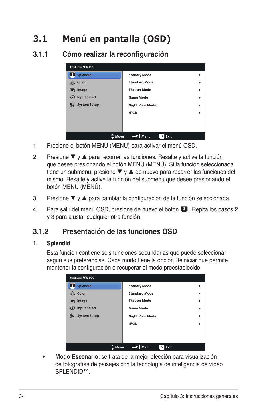 1 menú en pantalla (osd), 1 cómo realizar la reconfiguración, 2 presentación de las funciones osd | Asus VW199TL User Manual | Page 14 / 20