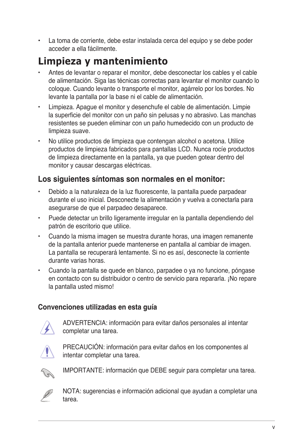 Limpieza y mantenimiento, Los siguientes síntomas son normales en el monitor | Asus VW199TL User Manual | Page 5 / 20