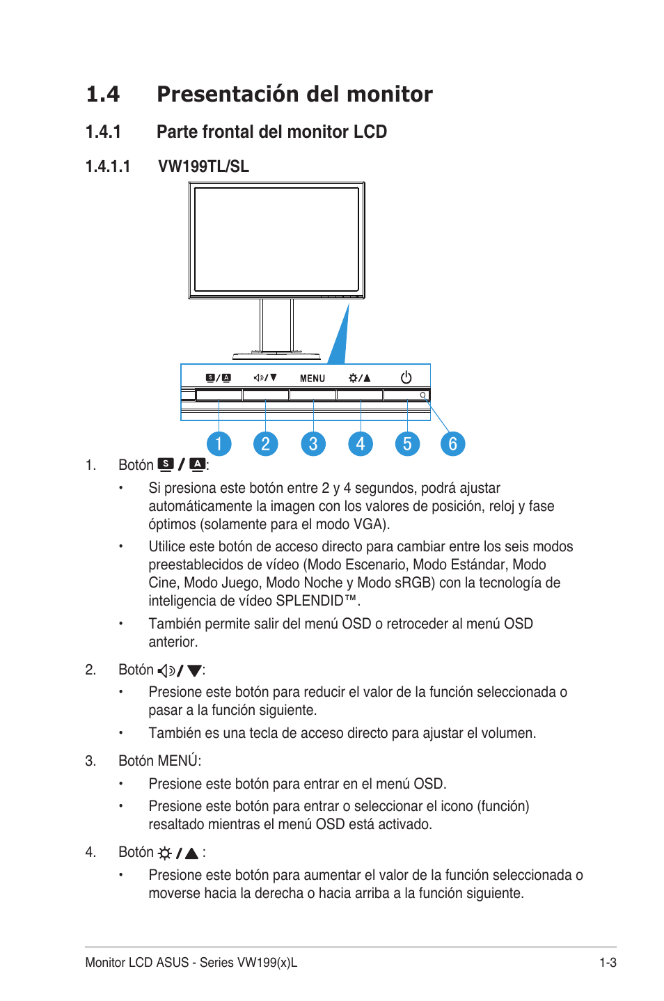 4 presentación del monitor, 1 parte frontal del monitor lcd | Asus VW199TL User Manual | Page 9 / 20
