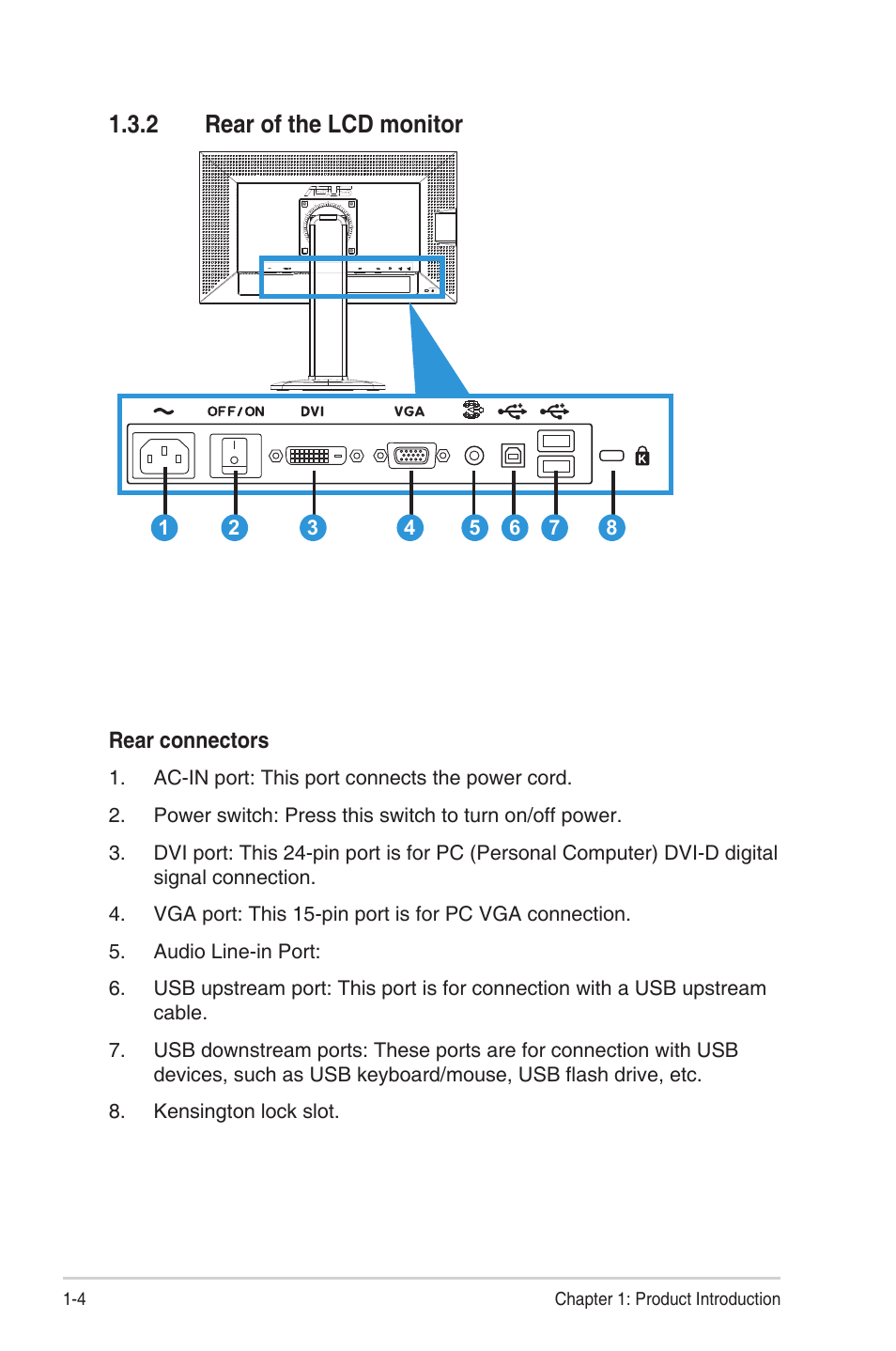 Rear of the lcd monitor -4, 2 rear of the lcd monitor | Asus PB238TR User Manual | Page 10 / 22