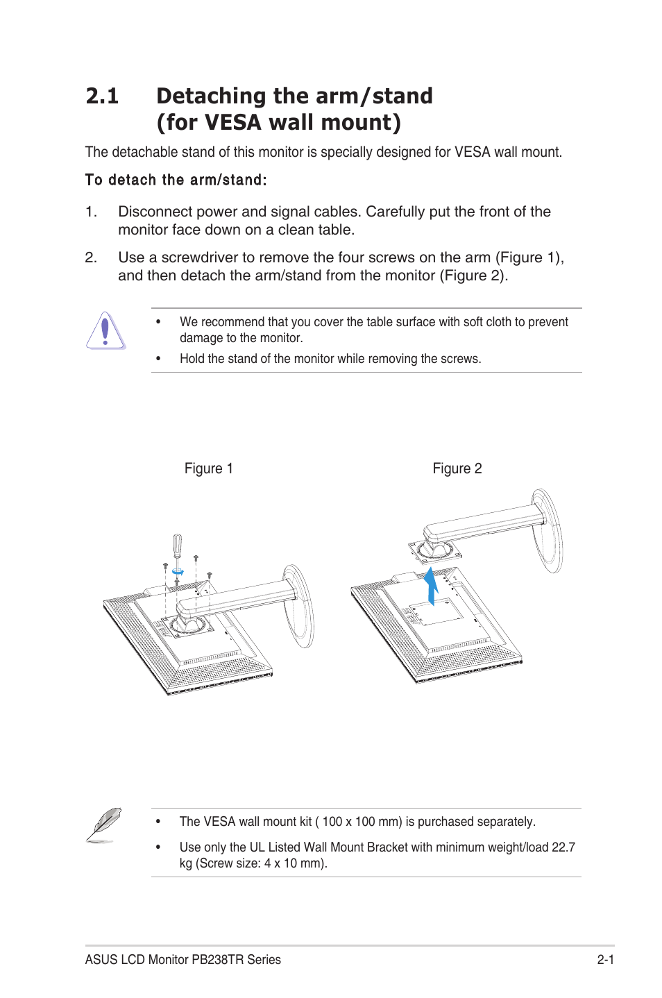 Detaching the arm/stand, For vesa wall mount) -1, 1 detaching the arm/stand (for vesa wall mount) | Asus PB238TR User Manual | Page 11 / 22