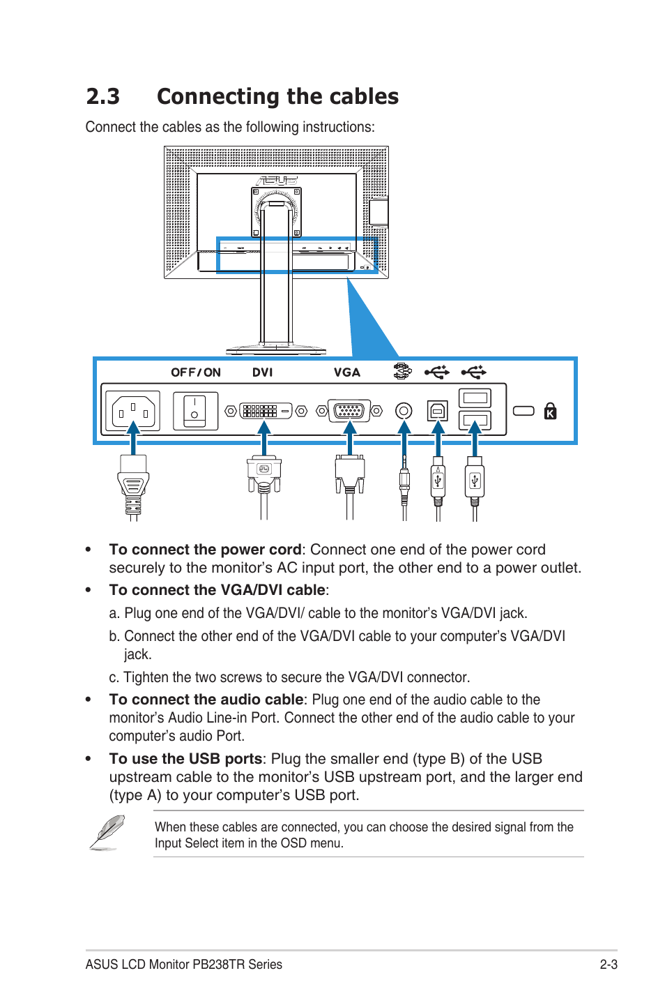 Connecting the cables -3, 3 connecting the cables | Asus PB238TR User Manual | Page 13 / 22