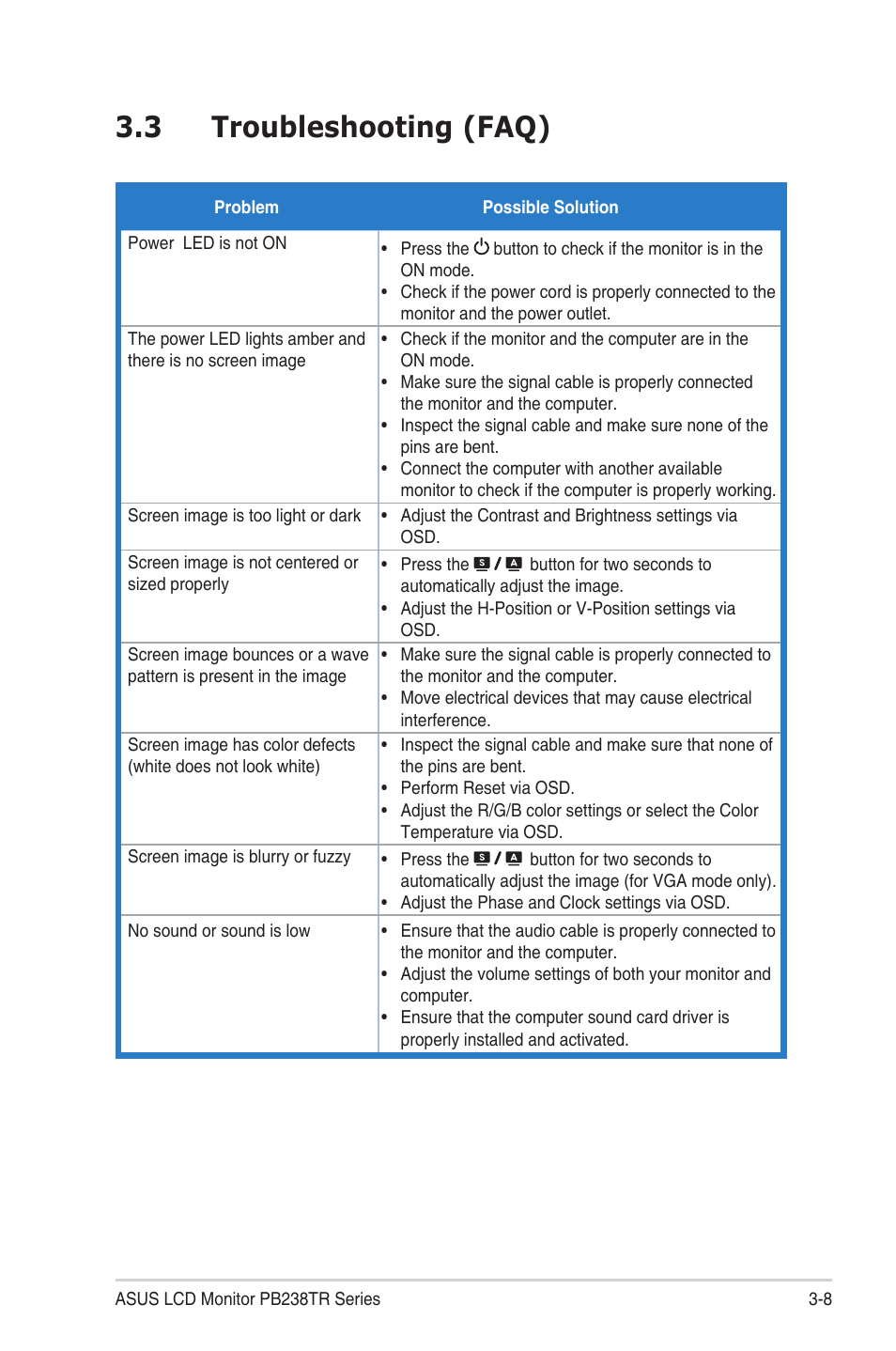 Troubleshooting (faq) -8, 3 troubleshooting (faq) | Asus PB238TR User Manual | Page 21 / 22
