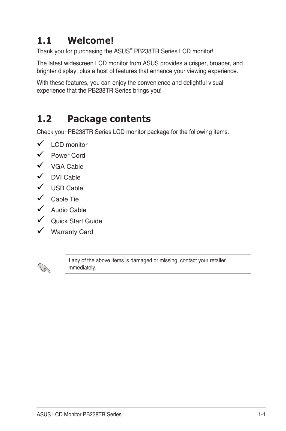 1 welcome! -1 1.2, Package contents -1, 1 welcome | 2 package contents | Asus PB238TR User Manual | Page 7 / 22