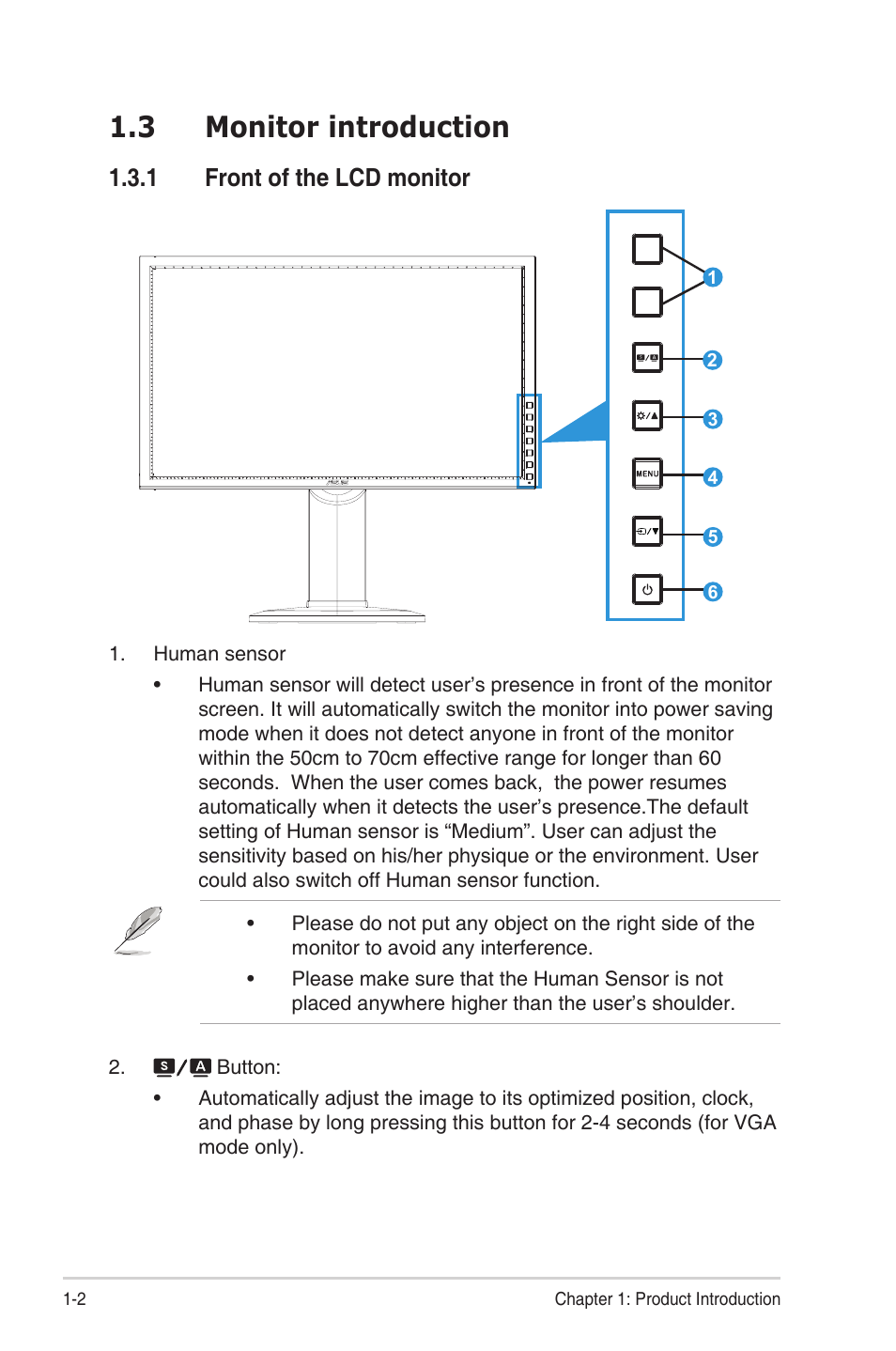 Monitor introduction -2 1.3.1, Front of the lcd monitor -2, 3 monitor introduction | 1 front of the lcd monitor | Asus PB238TR User Manual | Page 8 / 22