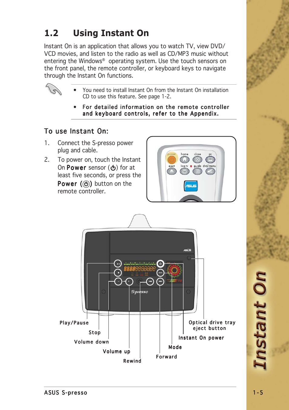 2 using instant on | Asus S-presso User Manual | Page 13 / 64