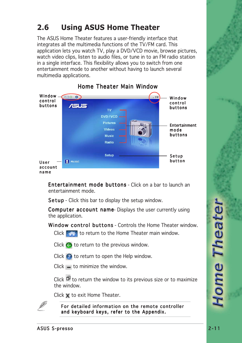 6 using asus home theater, Home theater main window | Asus S-presso User Manual | Page 35 / 64