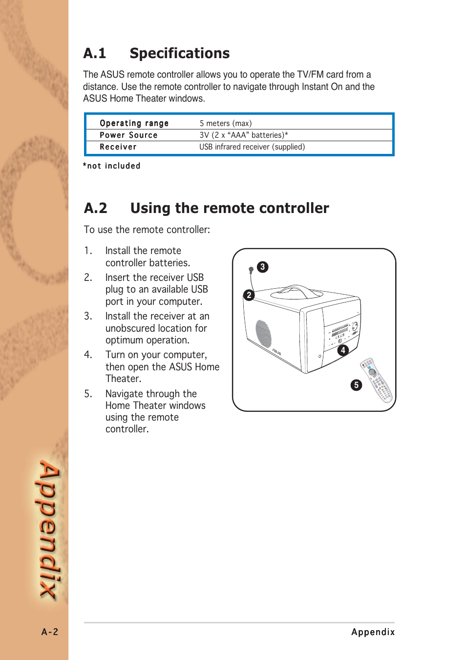 A.1 specifications, A.2 using the remote controller | Asus S-presso User Manual | Page 58 / 64