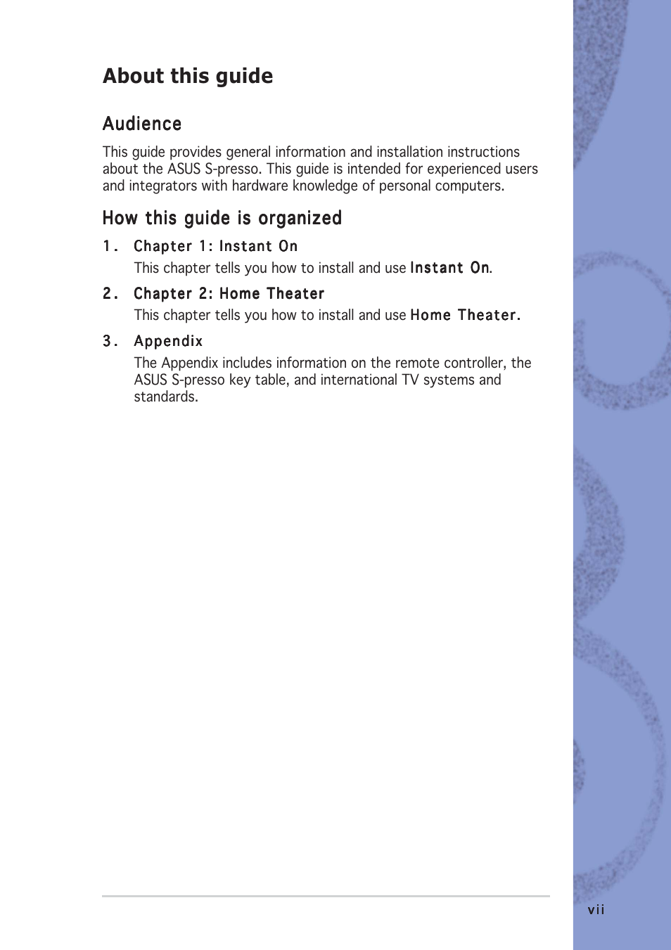 About this guide | Asus S-presso User Manual | Page 7 / 64