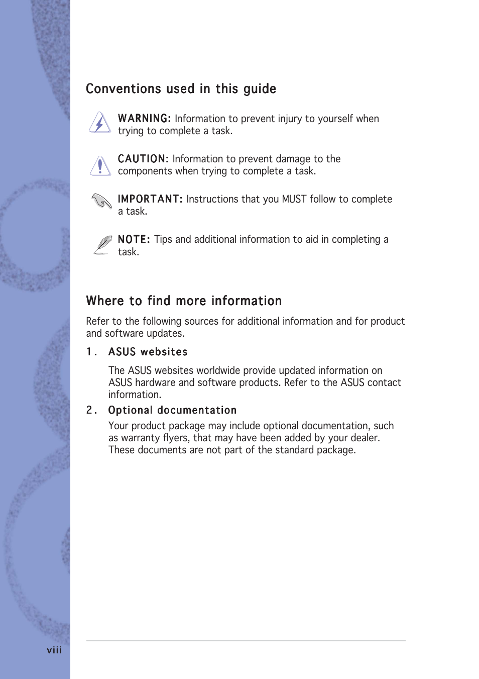 Conventions used in this guide, Where to find more information | Asus S-presso User Manual | Page 8 / 64