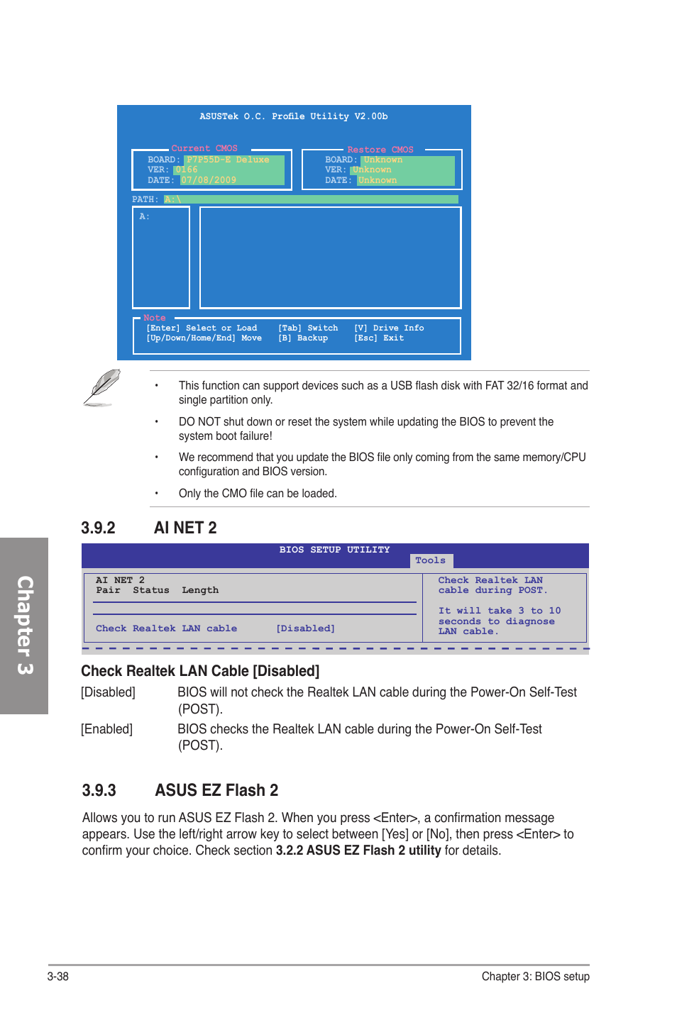2 ai net 2, 3 asus ez flash 2, Ai net 2 -38 | Asus ez flash 2 -38, Chapter 3, Check realtek lan cable [disabled | Asus P7P55D-E Deluxe User Manual | Page 102 / 132