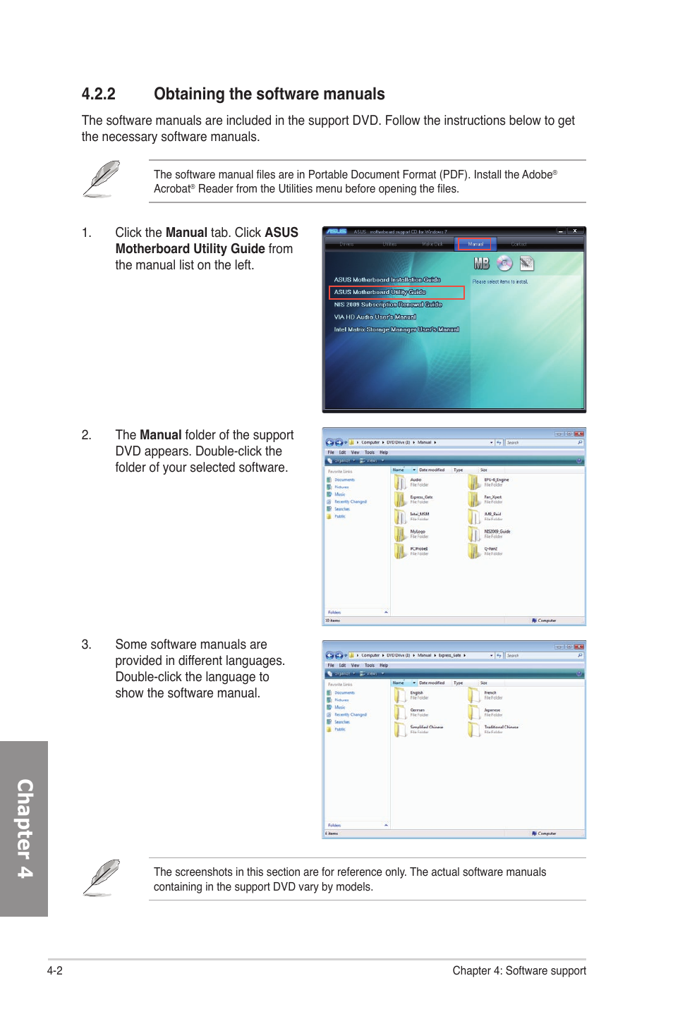 2 obtaining the software manuals, Obtaining the software manuals -2, Chapter 4 | Asus P7P55D-E Deluxe User Manual | Page 106 / 132