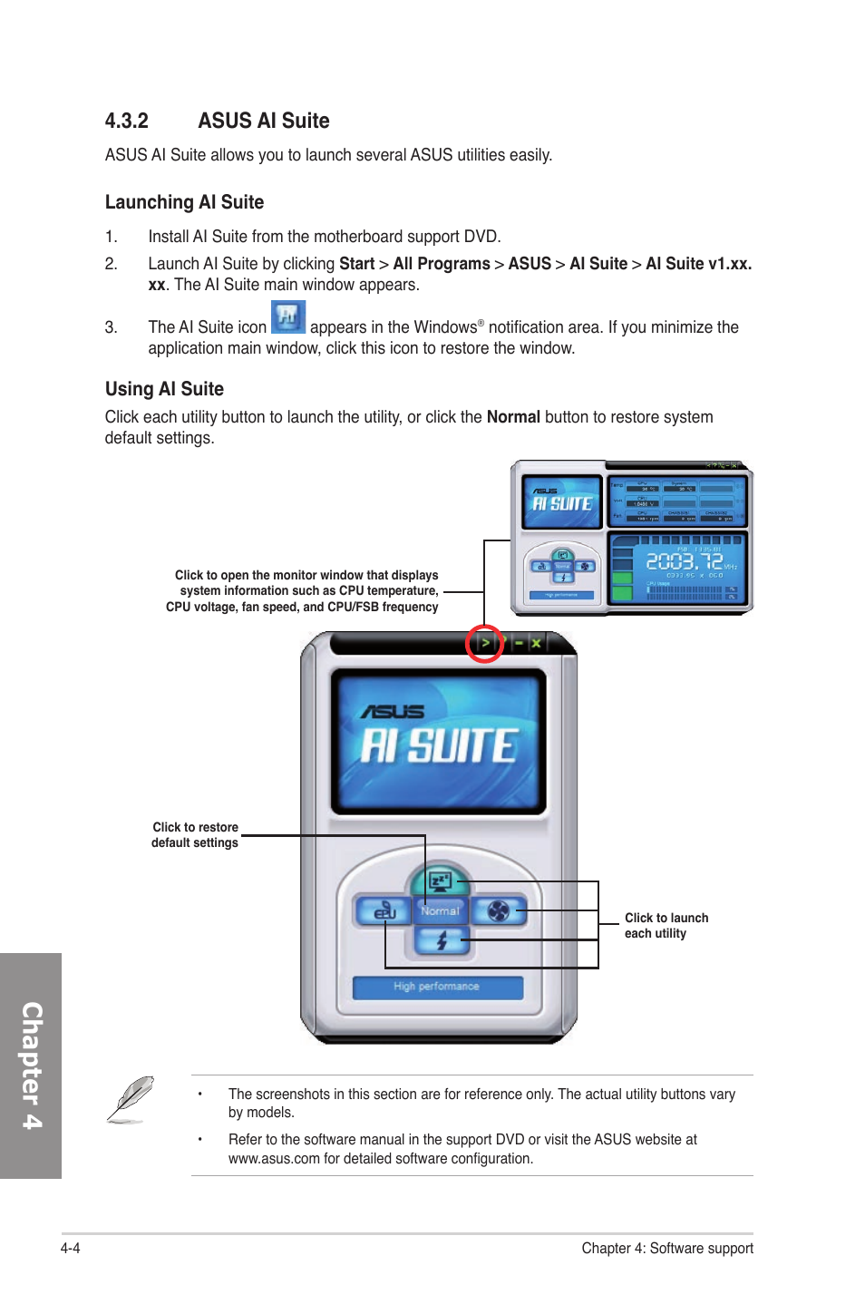 2 asus ai suite, Asus ai suite -4, Chapter 4 | Asus P7P55D-E Deluxe User Manual | Page 108 / 132