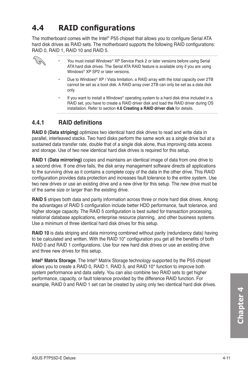 4 raid configurations, 1 raid definitions, Raid configurations -11 4.4.1 | Raid definitions -11, Chapter 4 4.4 raid configurations | Asus P7P55D-E Deluxe User Manual | Page 115 / 132