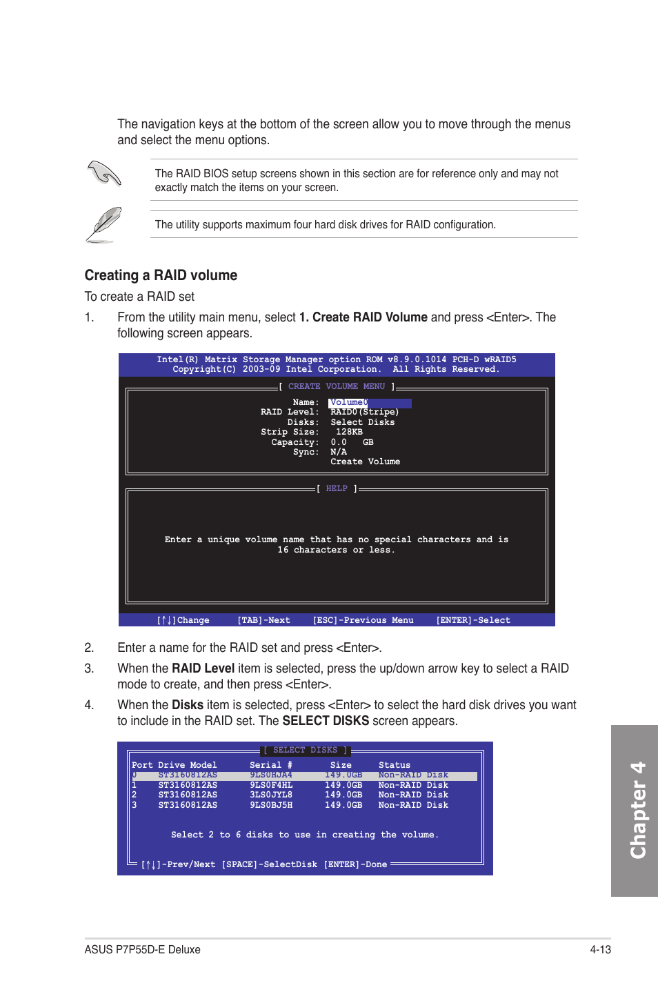 Chapter 4, Creating a raid volume | Asus P7P55D-E Deluxe User Manual | Page 117 / 132