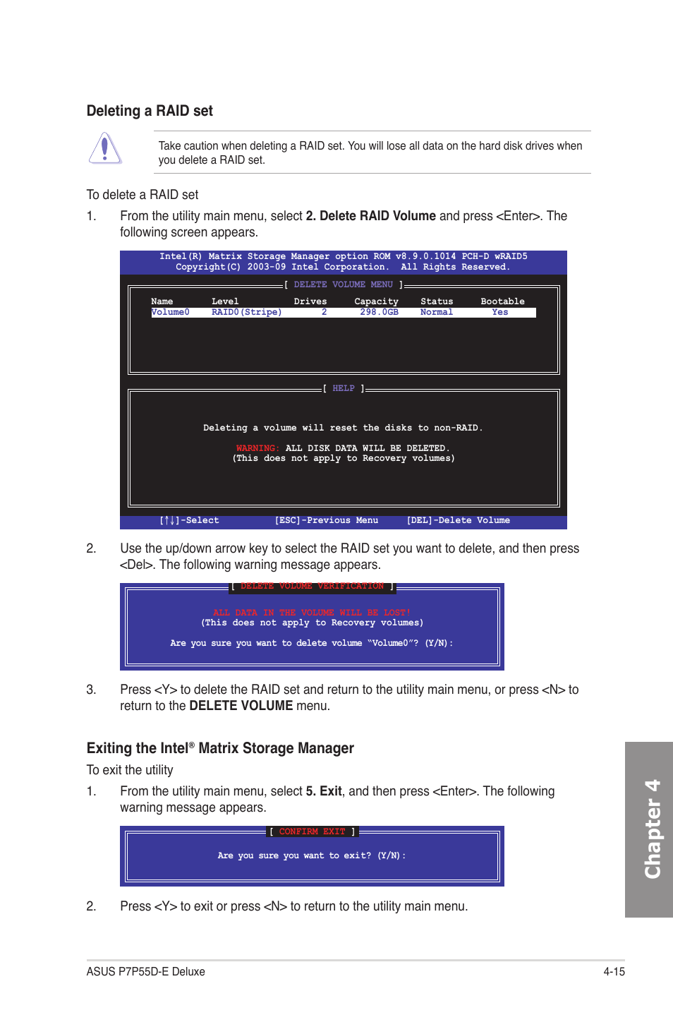 Chapter 4, Deleting a raid set, Exiting the intel | Matrix storage manager | Asus P7P55D-E Deluxe User Manual | Page 119 / 132