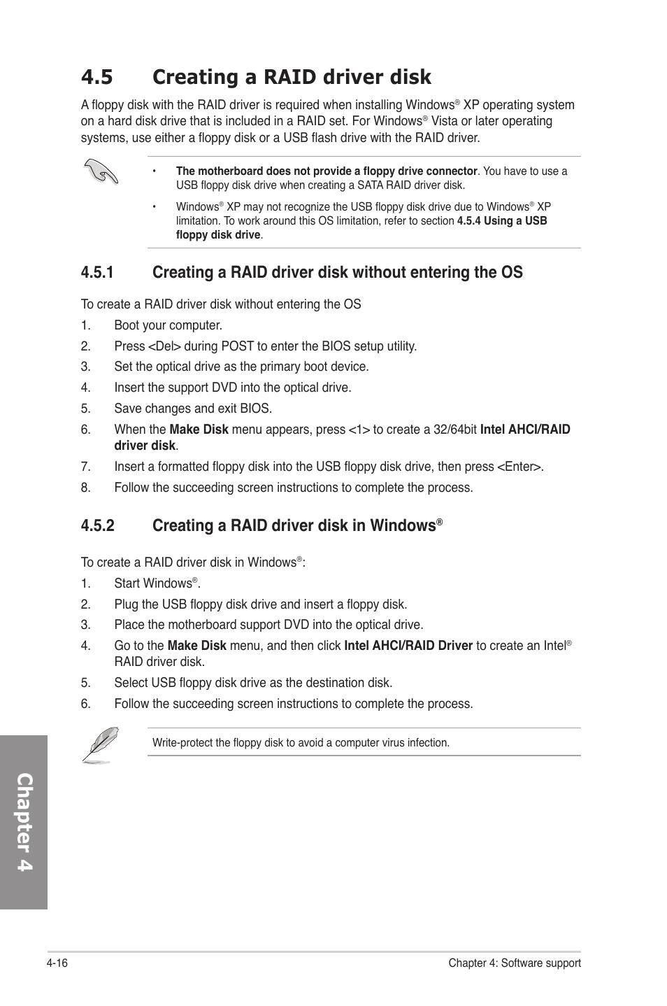 5 creating a raid driver disk, 2 creating a raid driver disk in windows, Creating a raid driver disk -16 4.5.1 | Creating a raid driver disk in windows, Chapter 4 4.5 creating a raid driver disk | Asus P7P55D-E Deluxe User Manual | Page 120 / 132