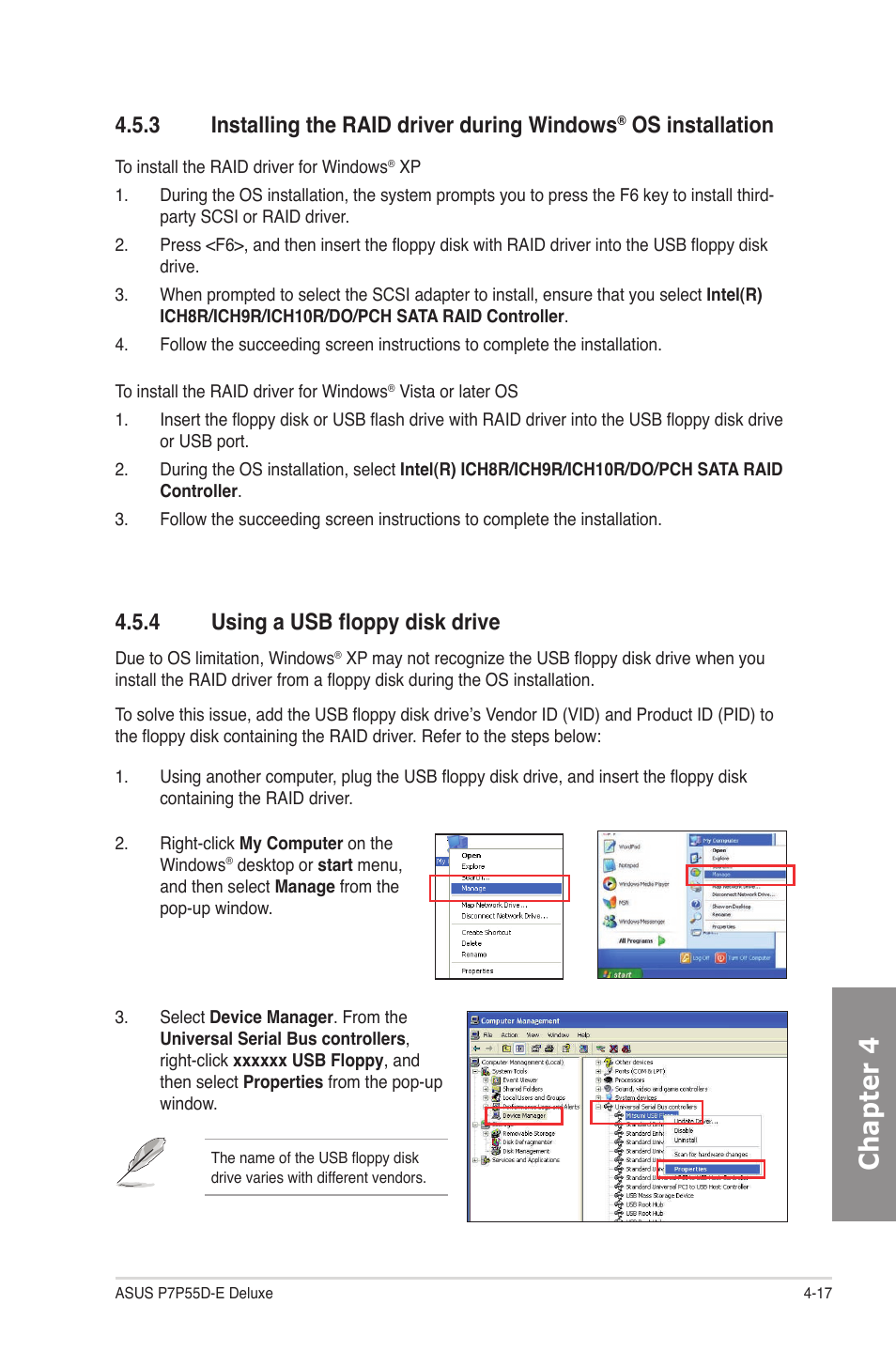 4 using a usb floppy disk drive, Installing the raid driver during windows, Os installation -17 | Using a usb floppy disk drive -17, Chapter 4, 3 installing the raid driver during windows, Os installation | Asus P7P55D-E Deluxe User Manual | Page 121 / 132