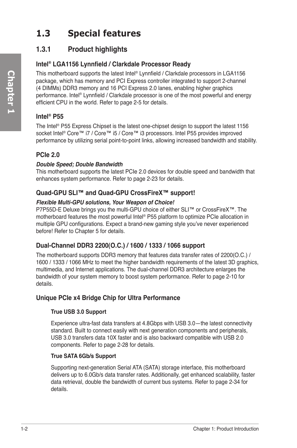 3 special features, 1 product highlights, Special features -2 1.3.1 | Product highlights -2, Chapter 1 1.3 special features | Asus P7P55D-E Deluxe User Manual | Page 16 / 132