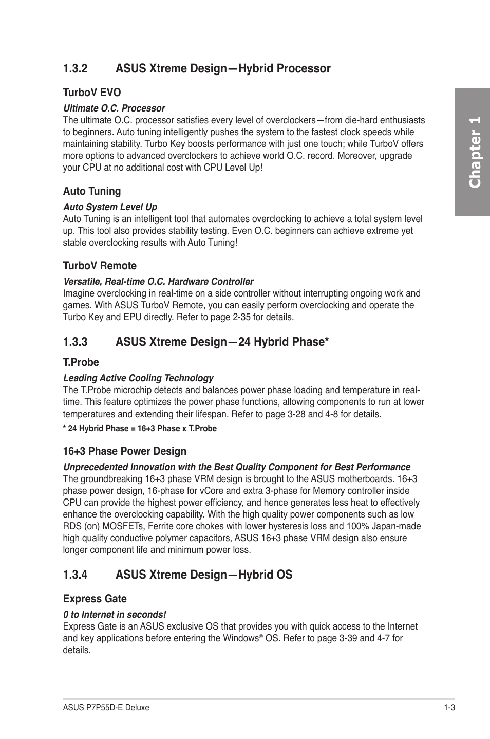 2 asus xtreme design—hybrid processor, 3 asus xtreme design—24 hybrid phase, 4 asus xtreme design—hybrid os | Asus xtreme design—hybrid processor -3, Asus xtreme design—24 hybrid phase -3, Asus xtreme design—hybrid os -3, Chapter 1 | Asus P7P55D-E Deluxe User Manual | Page 17 / 132