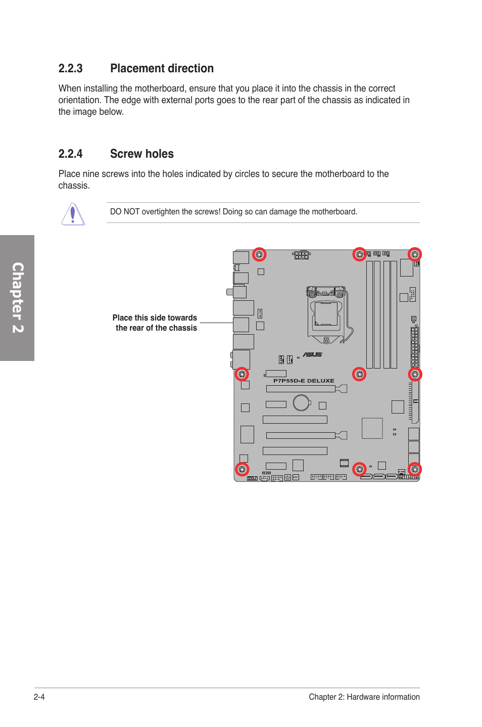 3 placement direction, 4 screw holes, Placement direction -4 | Screw holes -4, Chapter 2 | Asus P7P55D-E Deluxe User Manual | Page 24 / 132
