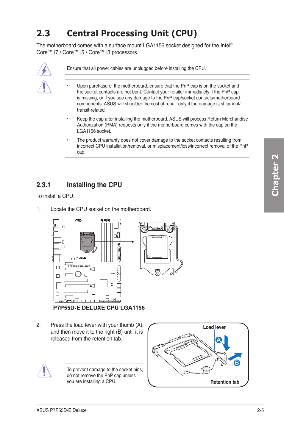 3 central processing unit (cpu), 1 installing the cpu, Central processing unit (cpu) -5 2.3.1 | Installing the cpu -5, Chapter 2 2.3 central processing unit (cpu) | Asus P7P55D-E Deluxe User Manual | Page 25 / 132