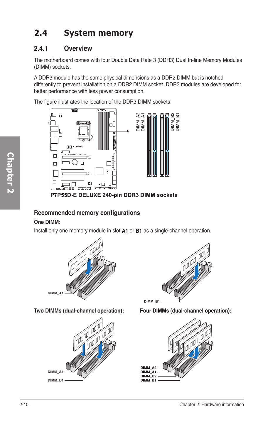 4 system memory, 1 overview, System memory -10 2.4.1 | Overview -10 | Asus P7P55D-E Deluxe User Manual | Page 30 / 132