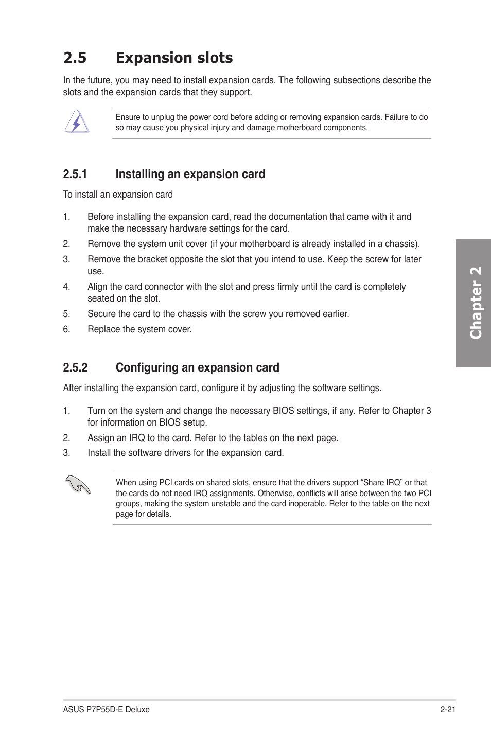 5 expansion slots, 1 installing an expansion card, 2 configuring an expansion card | Expansion slots -21 2.5.1, Installing an expansion card -21, Configuring an expansion card -21, Chapter 2 2.5 expansion slots | Asus P7P55D-E Deluxe User Manual | Page 41 / 132