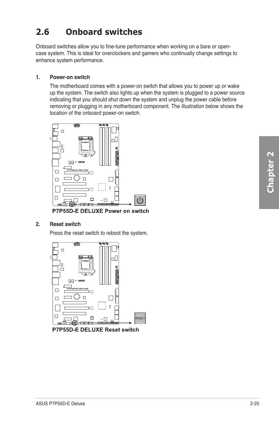 6 onboard switches, Onboard switches -25, Chapter 2 2.6 onboard switches | Asus P7P55D-E Deluxe User Manual | Page 45 / 132