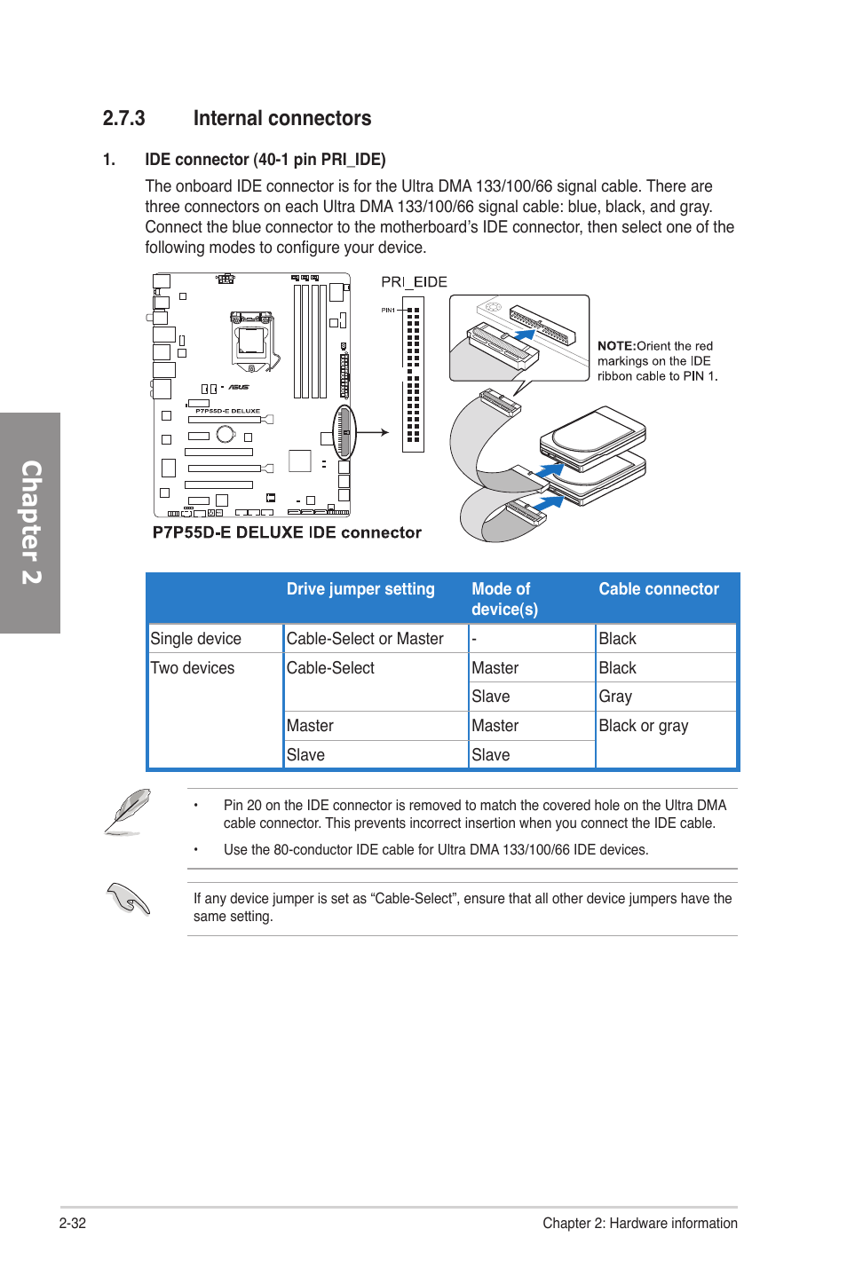 3 internal connectors, Internal connectors -32, Chapter 2 | Asus P7P55D-E Deluxe User Manual | Page 52 / 132