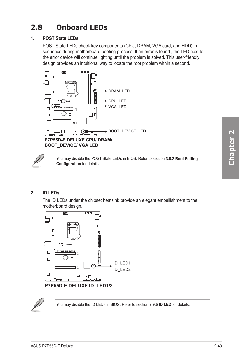8 onboard leds, Onboard leds -43, Chapter 2 2.8 onboard leds | Asus P7P55D-E Deluxe User Manual | Page 63 / 132