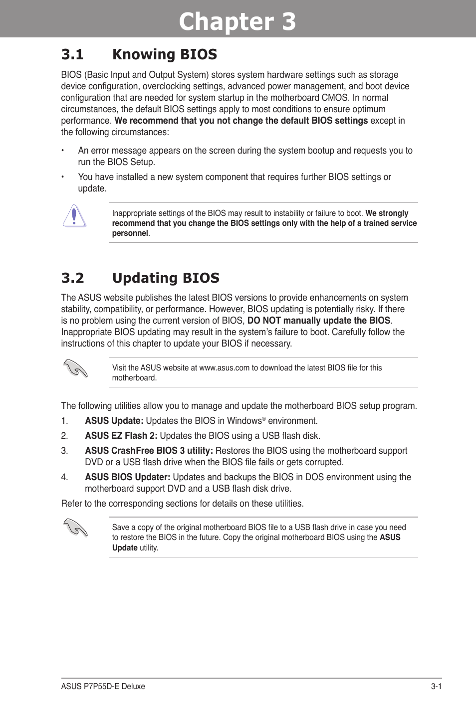 Chapter 3: bios setup, 1 knowing bios, 2 updating bios | Chapter 3, Bios setup, Knowing bios -1, Updating bios -1 | Asus P7P55D-E Deluxe User Manual | Page 65 / 132