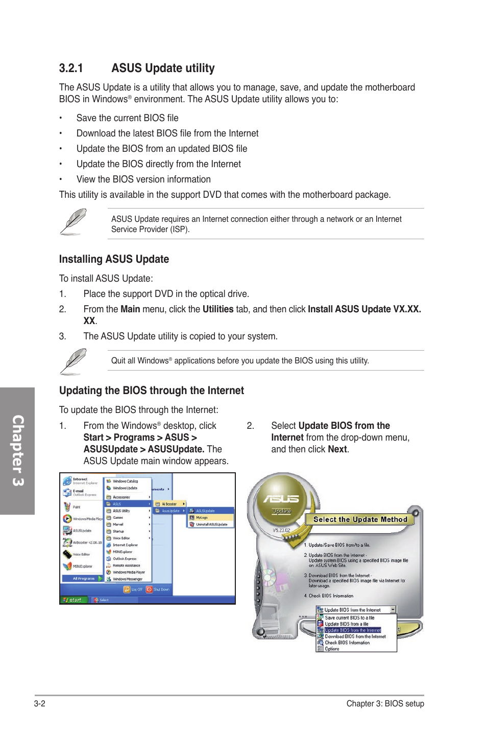 1 asus update utility, Asus update utility -2, Chapter 3 | Asus P7P55D-E Deluxe User Manual | Page 66 / 132