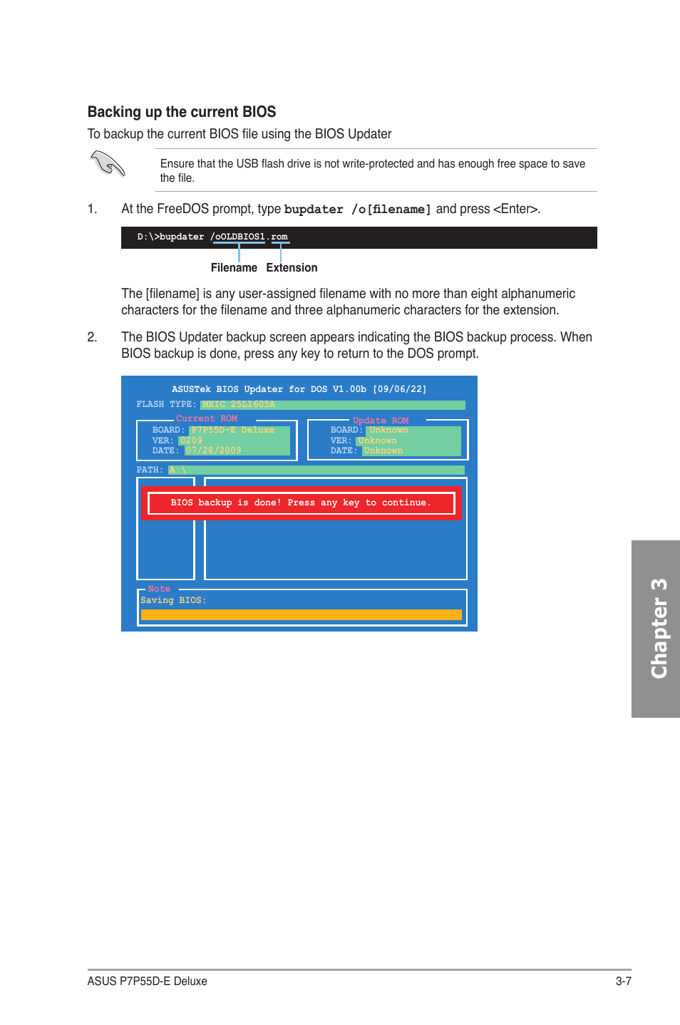 Chapter 3, Backing up the current bios | Asus P7P55D-E Deluxe User Manual | Page 71 / 132