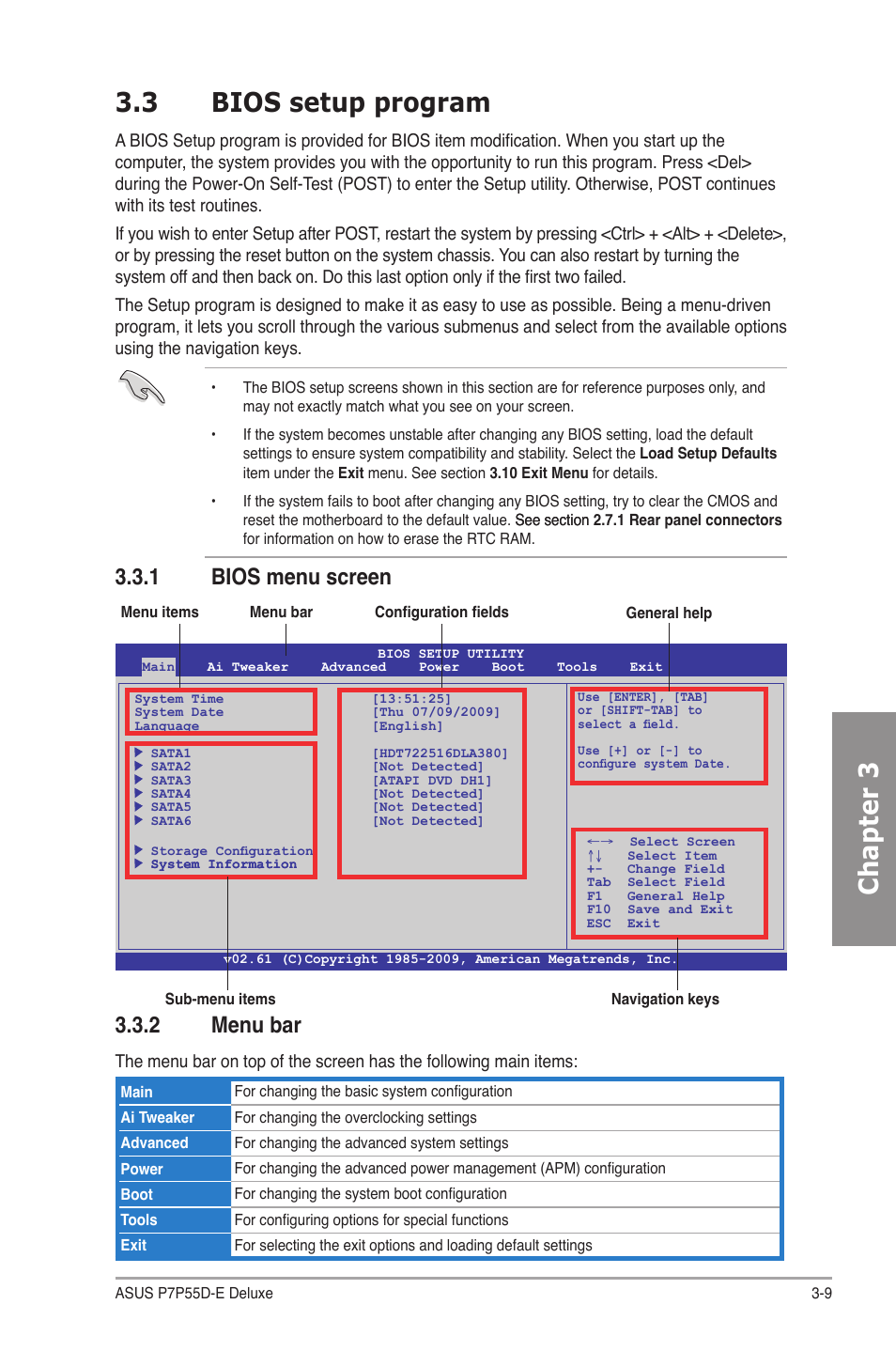 3 bios setup program, 1 bios menu screen, 2 menu bar | Bios setup program -9 3.3.1, Bios menu screen -9, Menu bar -9, Chapter 3 3.3 bios setup program, 1 bios menu screen 3.3.2 menu bar | Asus P7P55D-E Deluxe User Manual | Page 73 / 132