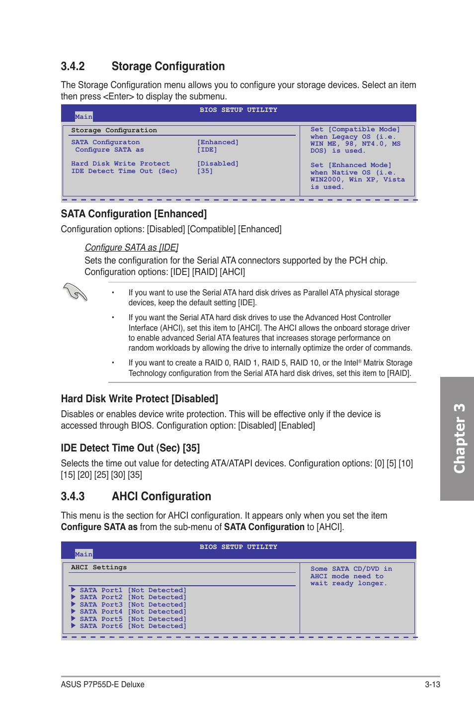 2 storage configuration, 3 ahci configuration, Storage configuration -13 | Ahci configuration -13, Chapter 3, Sata configuration [enhanced, Hard disk write protect [disabled, Ide detect time out (sec) [35 | Asus P7P55D-E Deluxe User Manual | Page 77 / 132
