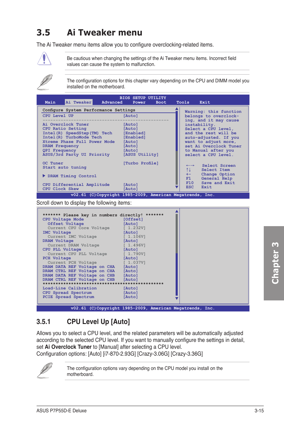 5 ai tweaker menu, 1 cpu level up [auto, Ai tweaker menu -15 3.5.1 | Cpu level up -15, Chapter 3 3.5 ai tweaker menu, Scroll down to display the following items | Asus P7P55D-E Deluxe User Manual | Page 79 / 132