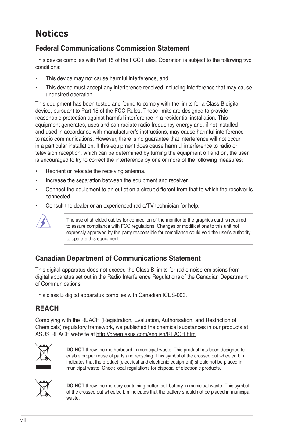 Notices, Notices viii, Federal communications commission statement | Canadian department of communications statement, Reach | Asus P7P55D-E Deluxe User Manual | Page 8 / 132
