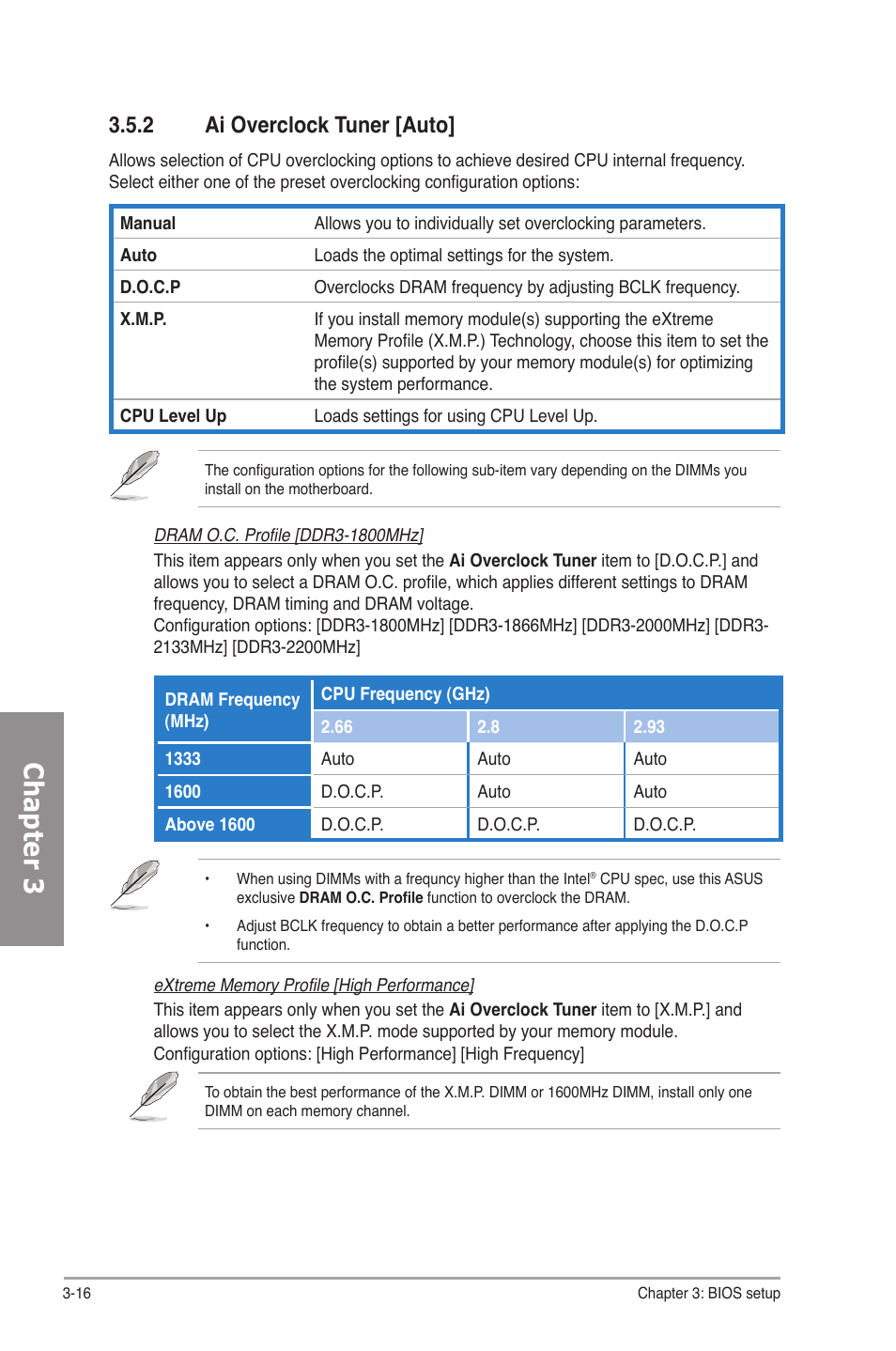 2 ai overclock tuner [auto, Ai overclock tuner -16, Chapter 3 | Asus P7P55D-E Deluxe User Manual | Page 80 / 132