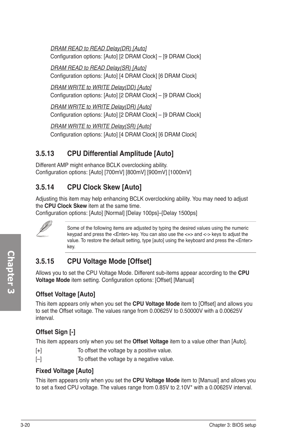 13 cpu differential amplitude [auto, 14 cpu clock skew [auto, 15 cpu voltage mode [offset | Cpu differential amplitude -20, Cpu clock skew -20, Cpu voltage mode -20, Chapter 3 | Asus P7P55D-E Deluxe User Manual | Page 84 / 132
