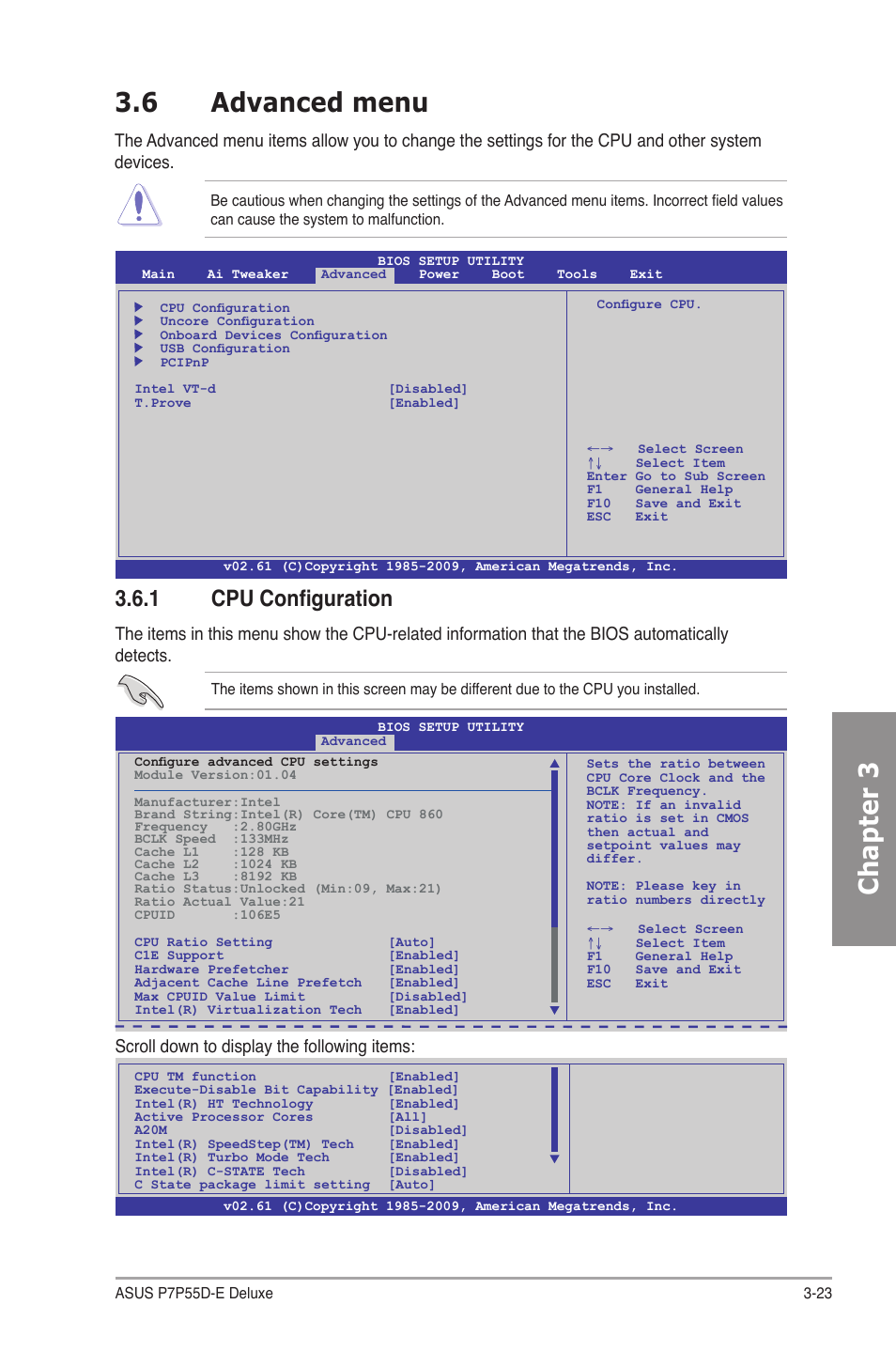 6 advanced menu, 1 cpu configuration, Advanced menu -23 3.6.1 | Cpu configuration -23, Chapter 3, Scroll down to display the following items | Asus P7P55D-E Deluxe User Manual | Page 87 / 132