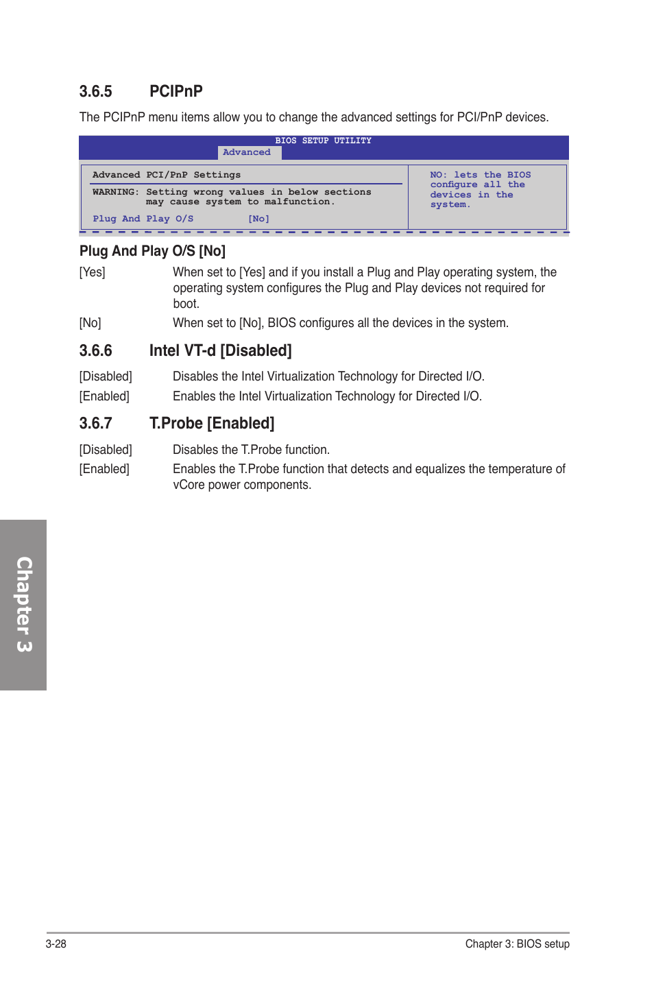 5 pcipnp, 6 intel vt-d [disabled, 7 t.probe [enabled | Pcipnp -28, Intel vt-d -28, T.probe -28, Chapter 3 | Asus P7P55D-E Deluxe User Manual | Page 92 / 132