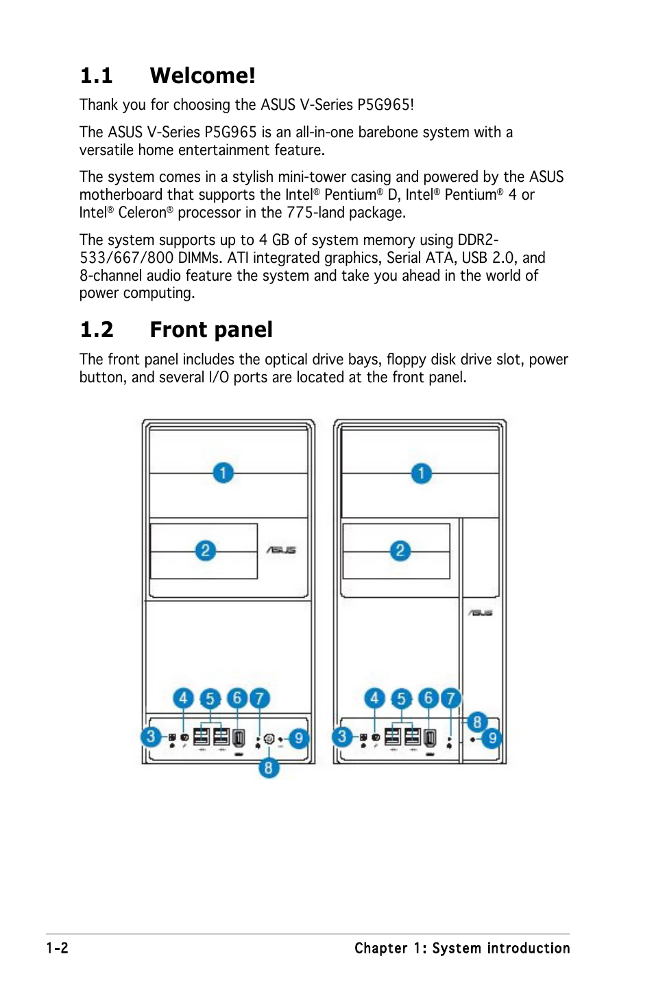 1 welcome, 2 front panel | Asus V3-P5G965 User Manual | Page 12 / 100