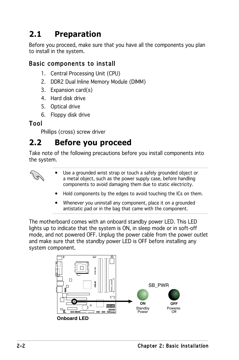 1 preparation, 2 before you proceed, Basic components to install | Tool | Asus V3-P5G965 User Manual | Page 20 / 100