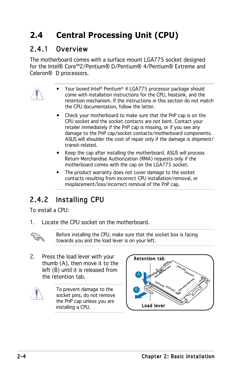 4 central processing unit (cpu), 1 overview, 2 installing cpu | Asus V3-P5G965 User Manual | Page 22 / 100