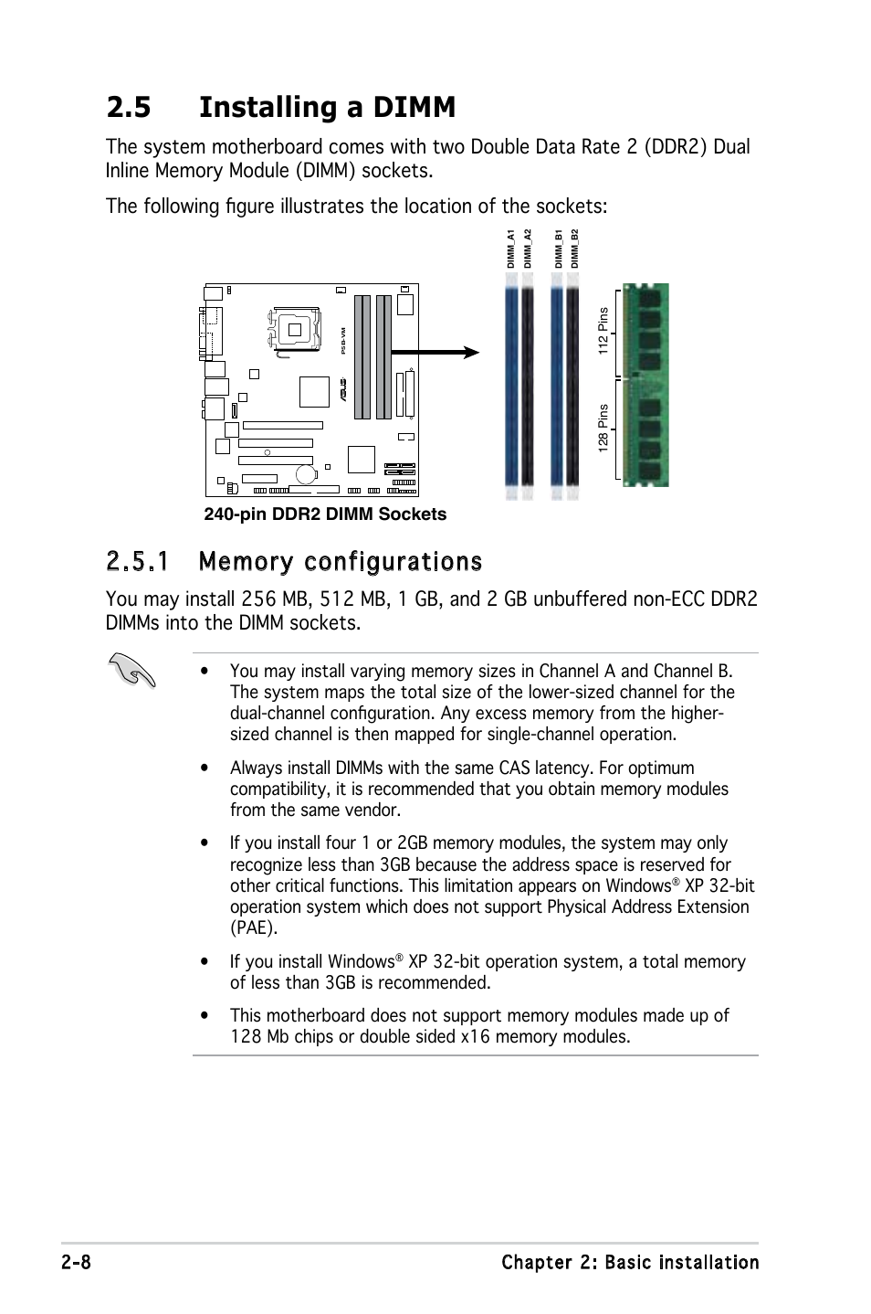 5 installing a dimm | Asus V3-P5G965 User Manual | Page 26 / 100